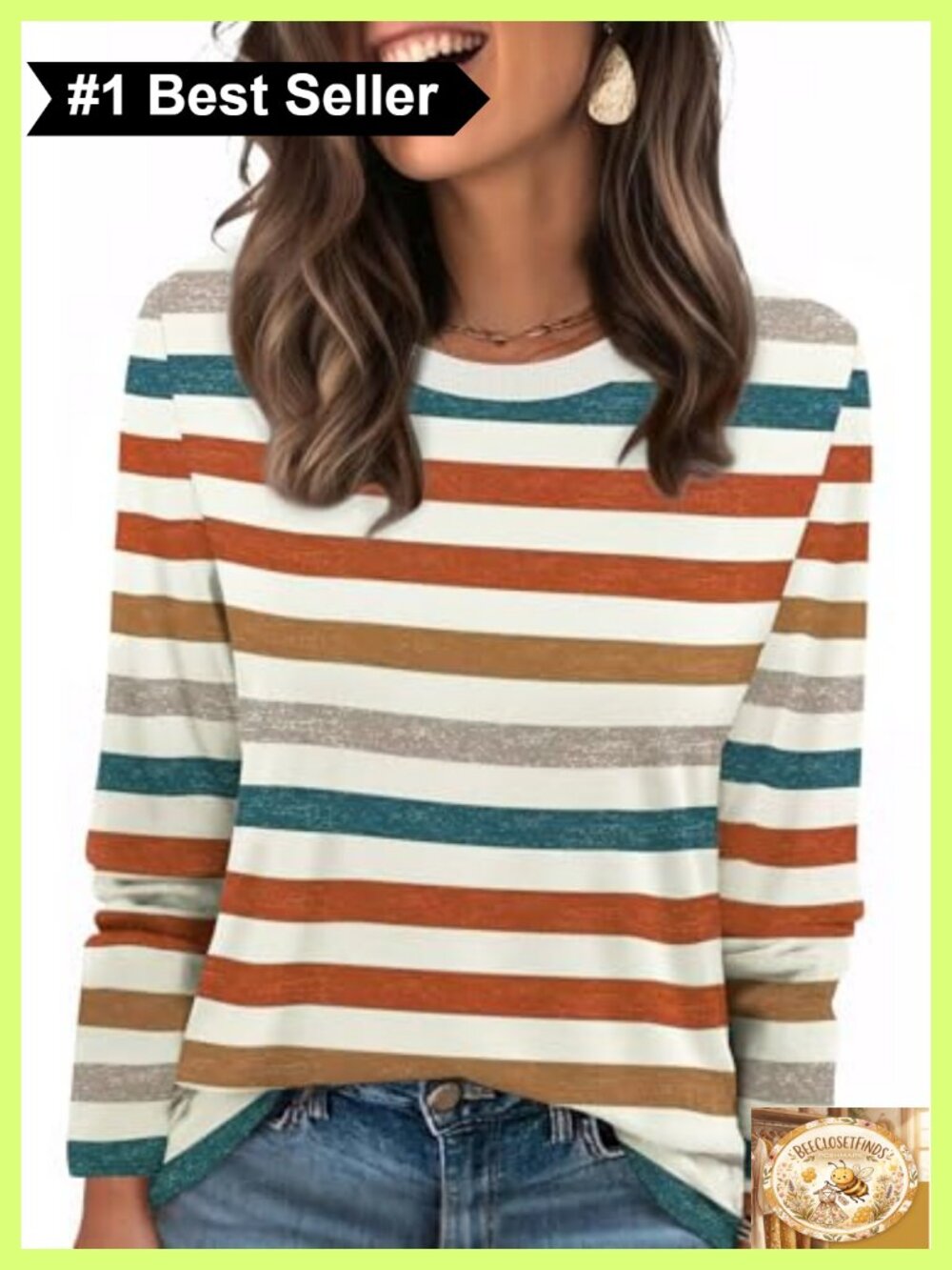 Womens Striped Long Sleeve Color Block Ribbed Crewneck Tee Blouse